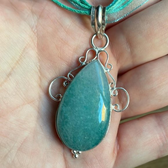 Sterling Silver 925 Jewelry - Gorgeous Large Shimmery Teal Aventurine Stone in a Sterling Silver Pendent Setti